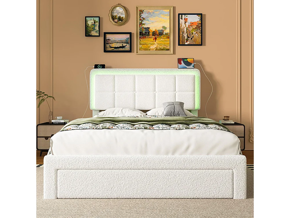 Lit avec tiroir moderne 160x200 avec revêtement en velours Teddy structure en fer et bois tête de lit réglable éclairage d'ambiance réglable port USB blanc