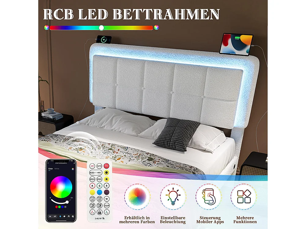 Lit avec tiroir moderne 160x200 avec revêtement en velours Teddy structure en fer et bois tête de lit réglable éclairage d'ambiance réglable port USB blanc