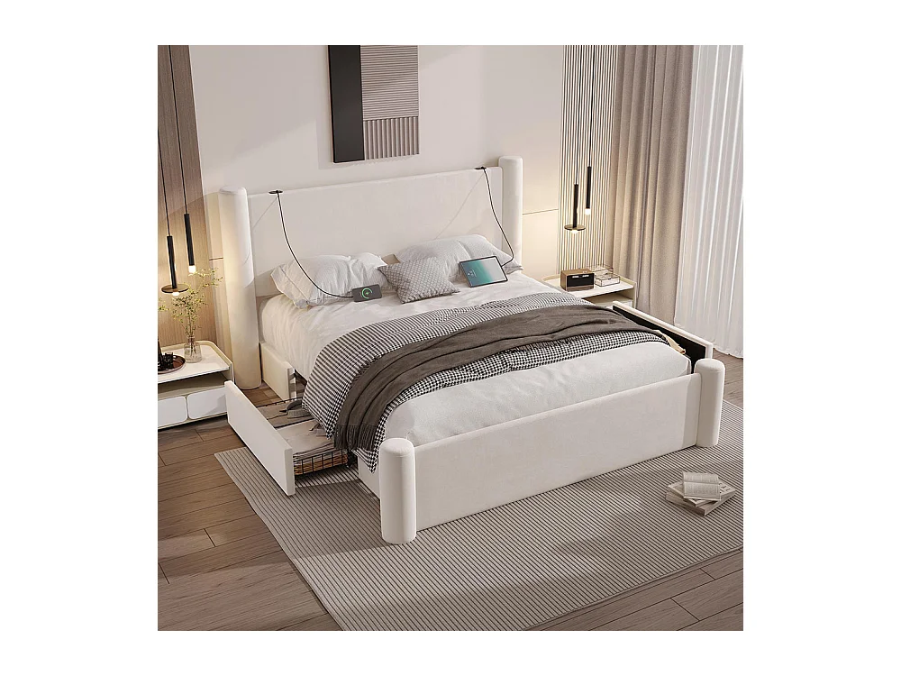 Lit avec tiroir 140x200 au design moderne design à colonnes 3D tête de lit rembourrée 2 tiroirs de rangement et ports USB intégrés beige