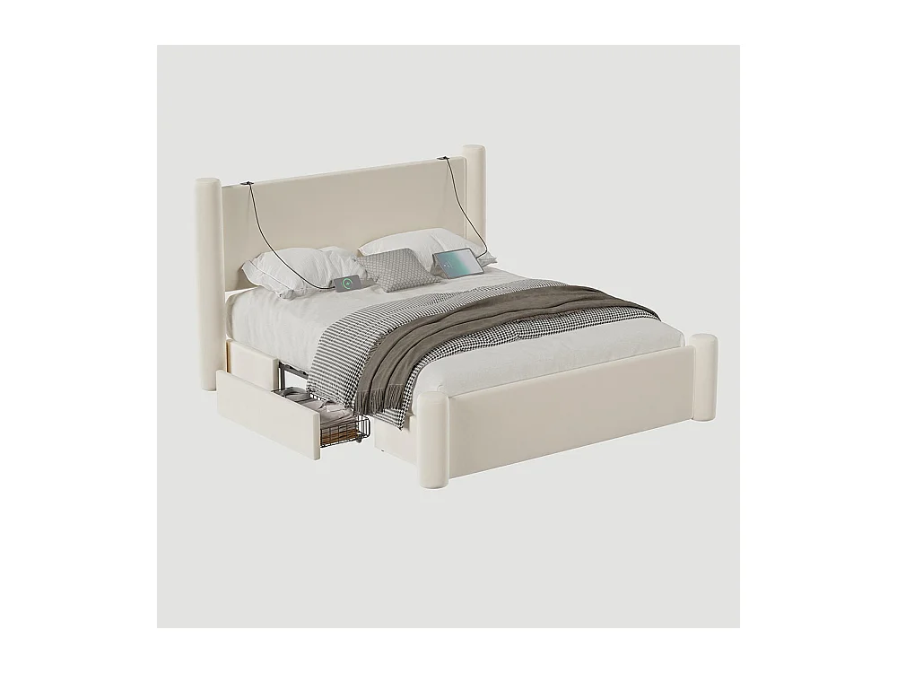 Lit avec tiroir 140x200 au design moderne design à colonnes 3D tête de lit rembourrée 2 tiroirs de rangement et ports USB intégrés beige