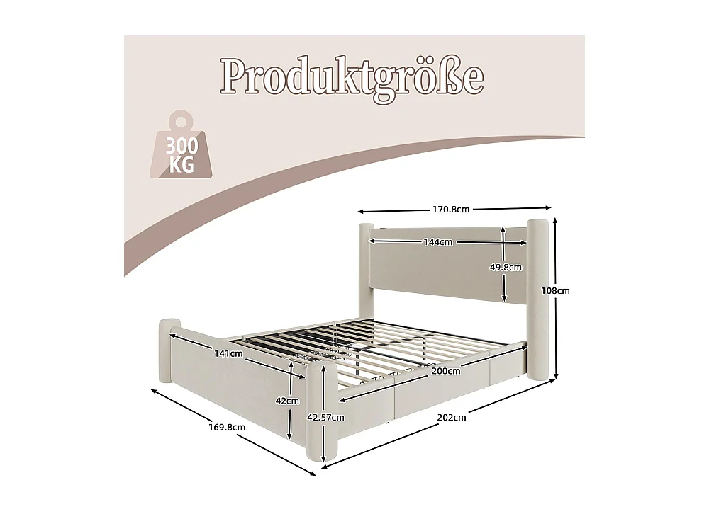 Lit avec tiroir 140x200 au design moderne design à colonnes 3D tête de lit rembourrée 2 tiroirs de rangement et ports USB intégrés beige