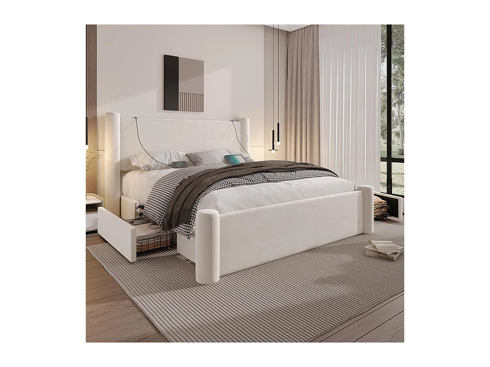 Lit avec tiroir 140x200 au design moderne design à colonnes 3D tête de lit rembourrée 2 tiroirs de rangement et ports USB intégrés beige