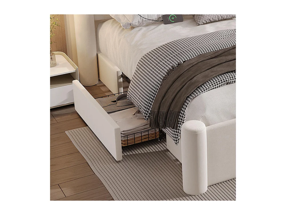 Lit avec tiroir 140x200 au design moderne design à colonnes 3D tête de lit rembourrée 2 tiroirs de rangement et ports USB intégrés beige