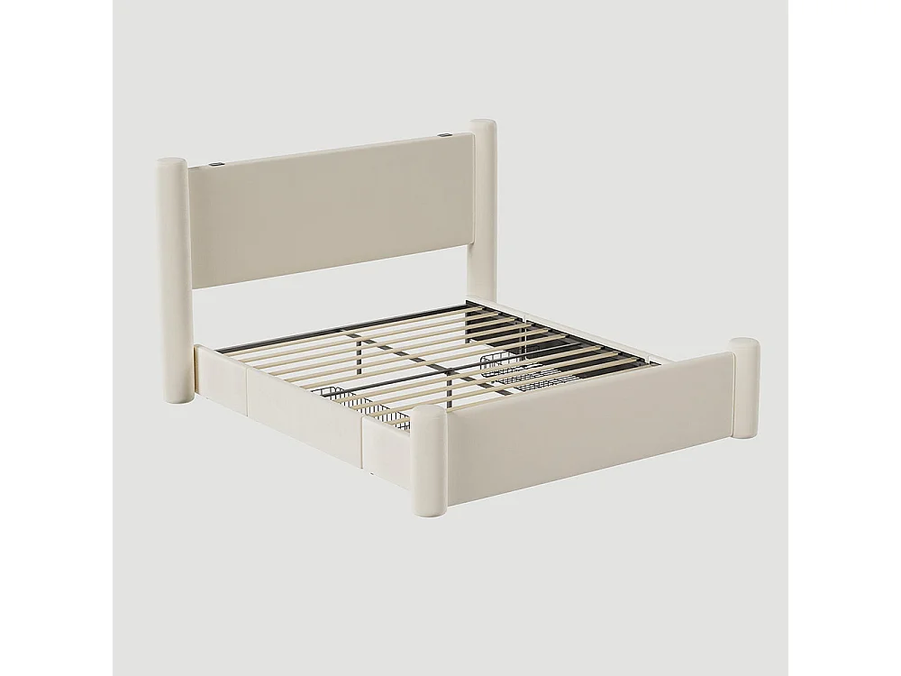 Lit avec tiroir 140x200 au design moderne design à colonnes 3D tête de lit rembourrée 2 tiroirs de rangement et ports USB intégrés beige