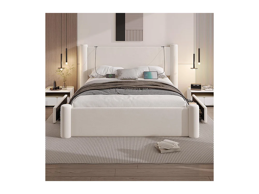 Lit avec tiroir 140x200 au design moderne design à colonnes 3D tête de lit rembourrée 2 tiroirs de rangement et ports USB intégrés beige