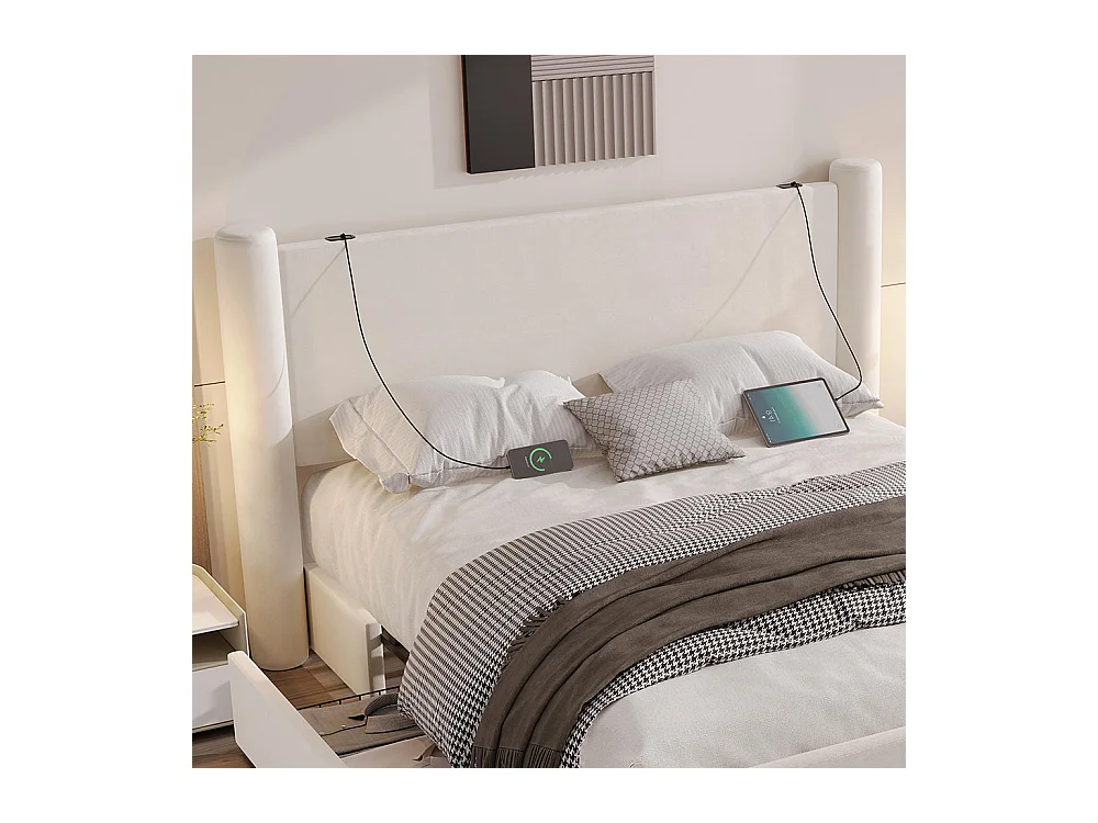 Lit avec tiroir 140x200 au design moderne design à colonnes 3D tête de lit rembourrée 2 tiroirs de rangement et ports USB intégrés beige