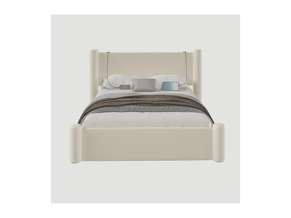 Lit avec tiroir 140x200 au design moderne design à colonnes 3D tête de lit rembourrée 2 tiroirs de rangement et ports USB intégrés beige