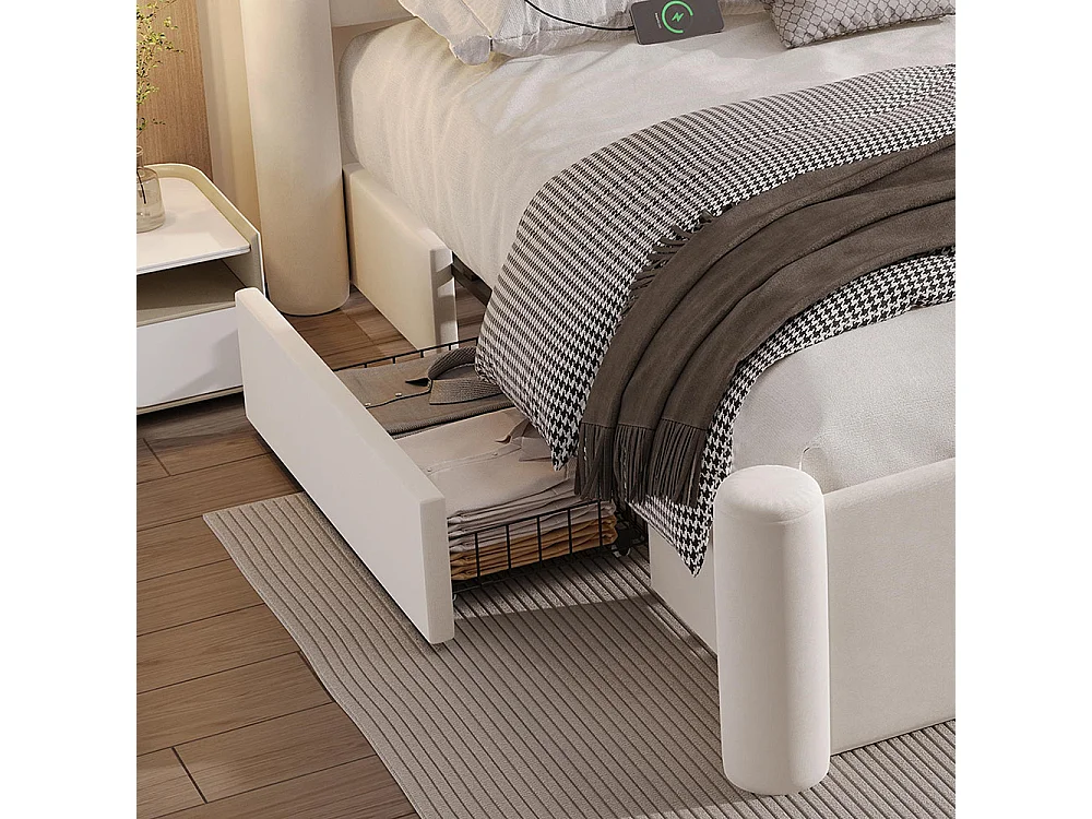 Lit avec tiroir 140x200 au design moderne design à colonnes 3D tête de lit rembourrée 2 tiroirs de rangement et ports USB intégrés beige