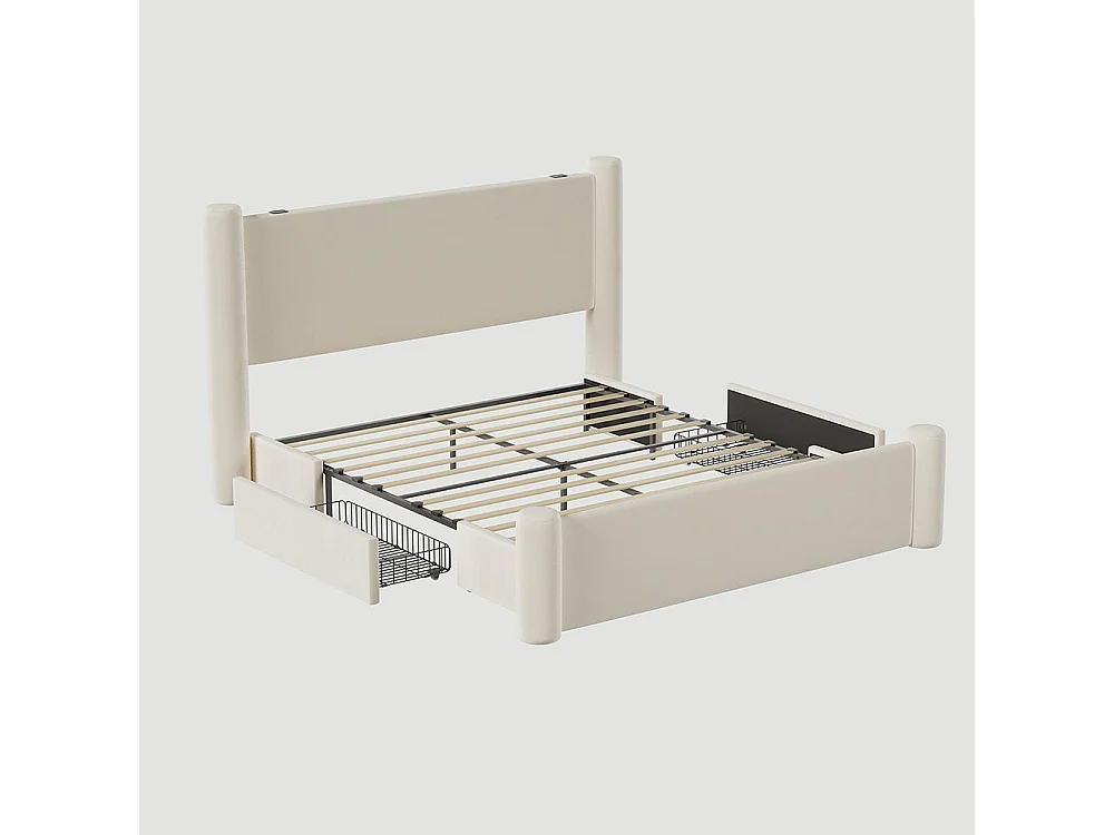 Lit avec tiroir 140x200 au design moderne design à colonnes 3D tête de lit rembourrée 2 tiroirs de rangement et ports USB intégrés beige