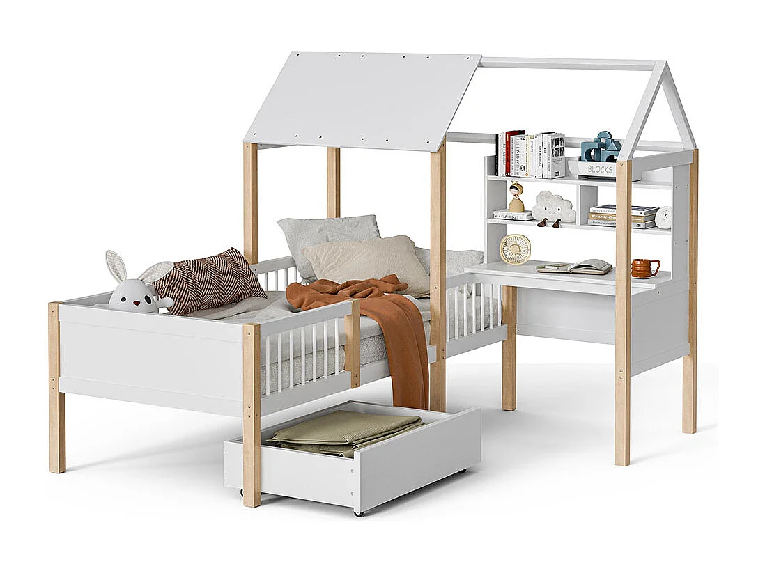 Lit cabane enfant 90x200 avec barrière de sécurité et sommier à lattes bureau en L et bibliothèque tiroirs à roulettes bois massif blanc