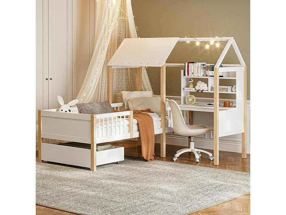 Lit cabane enfant 90x200 avec barrière de sécurité et sommier à lattes bureau en L et bibliothèque tiroirs à roulettes bois massif blanc