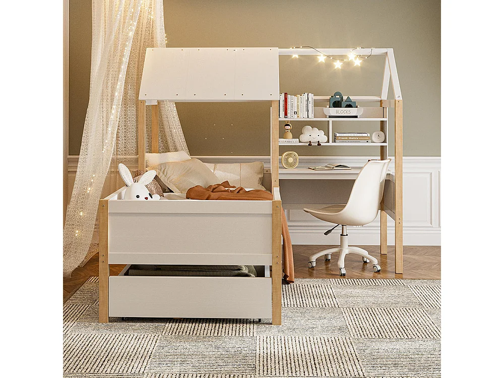 Lit cabane enfant 90x200 avec barrière de sécurité et sommier à lattes bureau en L et bibliothèque tiroirs à roulettes bois massif blanc