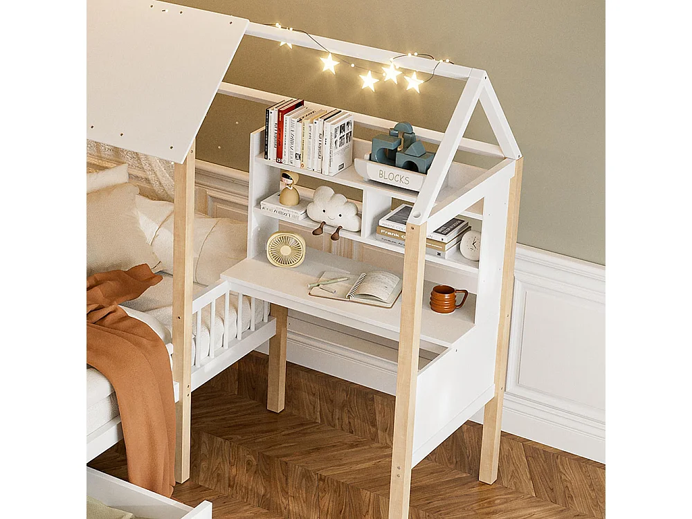 Lit cabane enfant 90x200 avec barrière de sécurité et sommier à lattes bureau en L et bibliothèque tiroirs à roulettes bois massif blanc