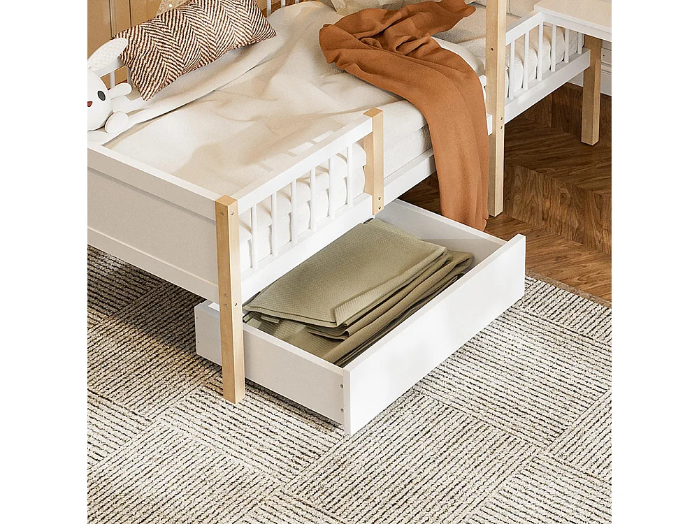 Lit cabane enfant 90x200 avec barrière de sécurité et sommier à lattes bureau en L et bibliothèque tiroirs à roulettes bois massif blanc