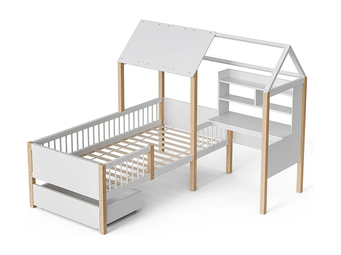 Lit cabane enfant 90x200 avec barrière de sécurité et sommier à lattes bureau en L et bibliothèque tiroirs à roulettes bois massif blanc