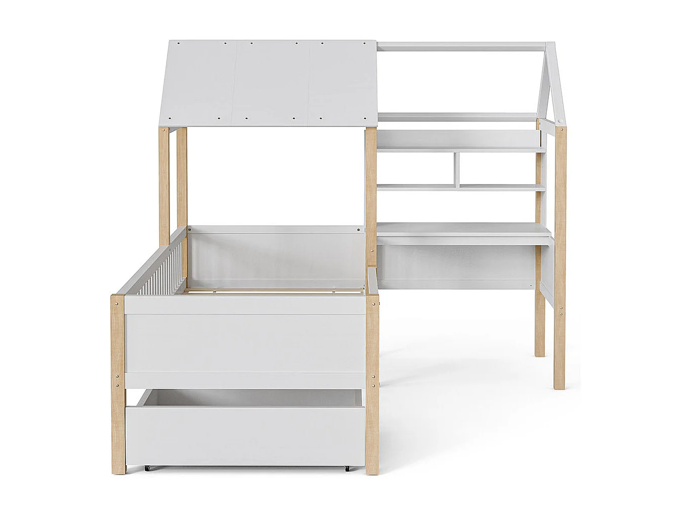 Lit cabane enfant 90x200 avec barrière de sécurité et sommier à lattes bureau en L et bibliothèque tiroirs à roulettes bois massif blanc