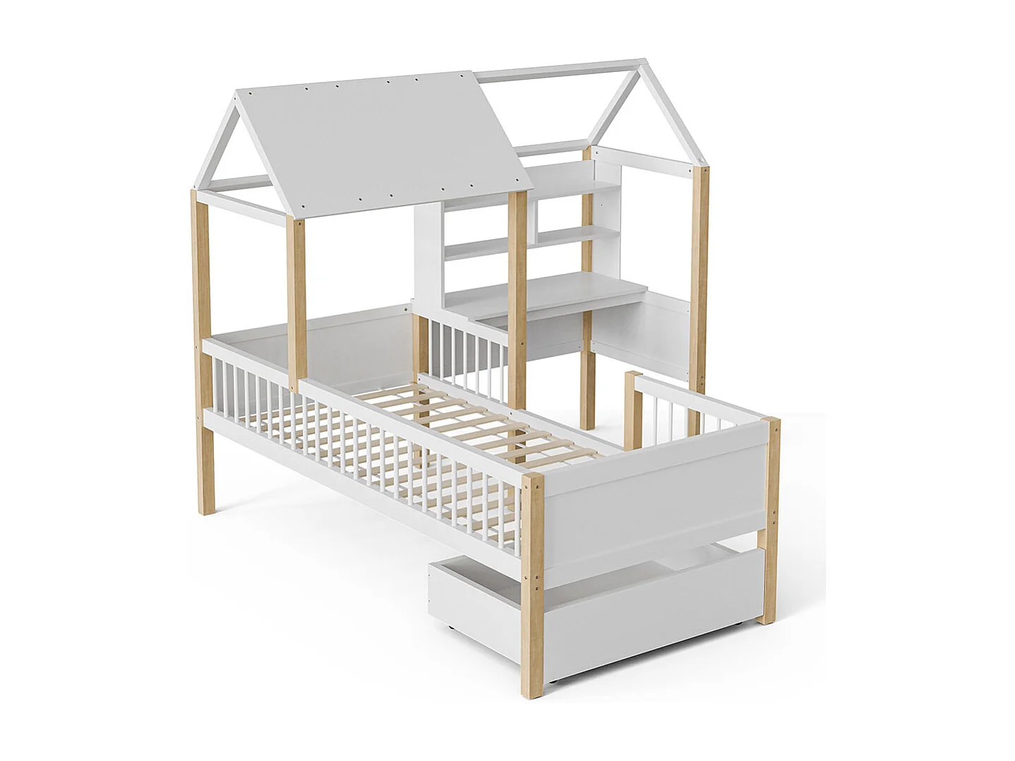 Lit cabane enfant 90x200 avec barrière de sécurité et sommier à lattes bureau en L et bibliothèque tiroirs à roulettes bois massif blanc