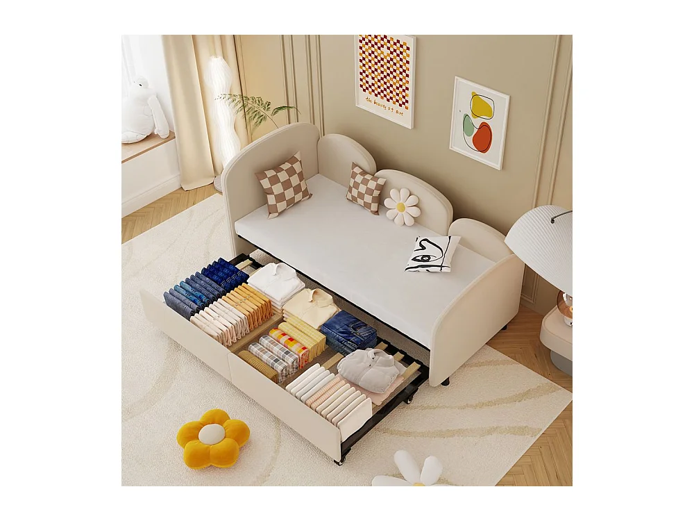 Lit gigogne 90x200 lit de jour double avec tiroirs de rangement lit rembourré en velours beige