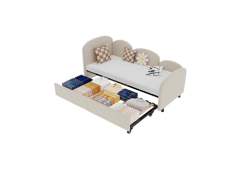 Lit gigogne 90x200 lit de jour double avec tiroirs de rangement lit rembourré en velours beige