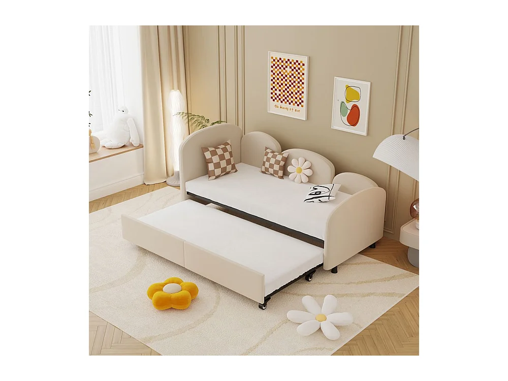 Lit gigogne 90x200 lit de jour double avec tiroirs de rangement lit rembourré en velours beige