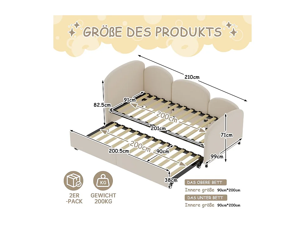 Lit gigogne 90x200 lit de jour double avec tiroirs de rangement lit rembourré en velours beige