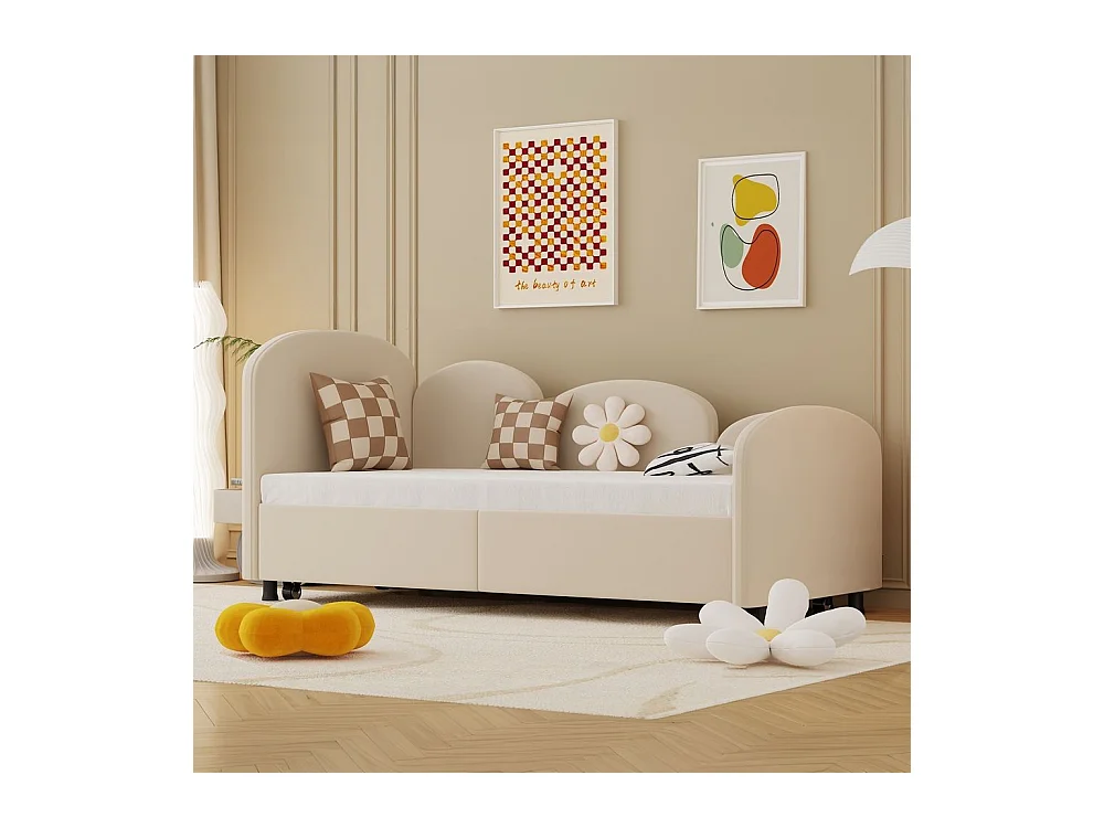 Lit gigogne 90x200 lit de jour double avec tiroirs de rangement lit rembourré en velours beige