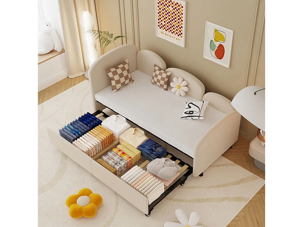 Lit gigogne 90x200 lit de jour double avec tiroirs de rangement lit rembourré en velours beige