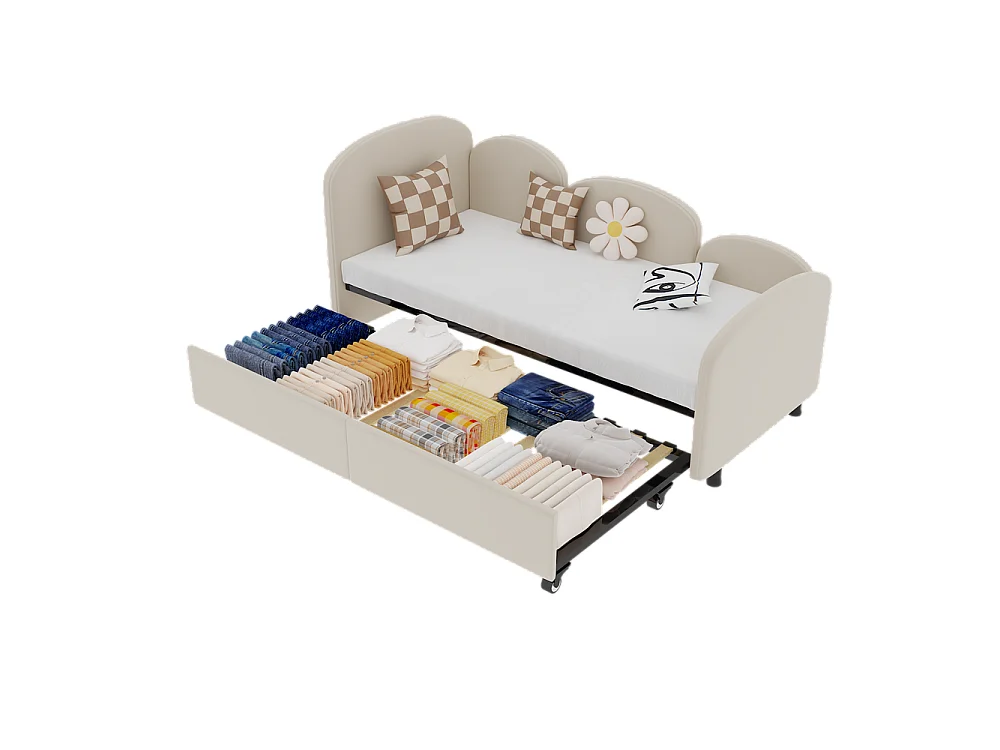 Lit gigogne 90x200 lit de jour double avec tiroirs de rangement lit rembourré en velours beige