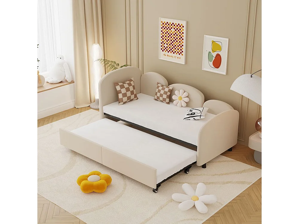 Lit gigogne 90x200 lit de jour double avec tiroirs de rangement lit rembourré en velours beige