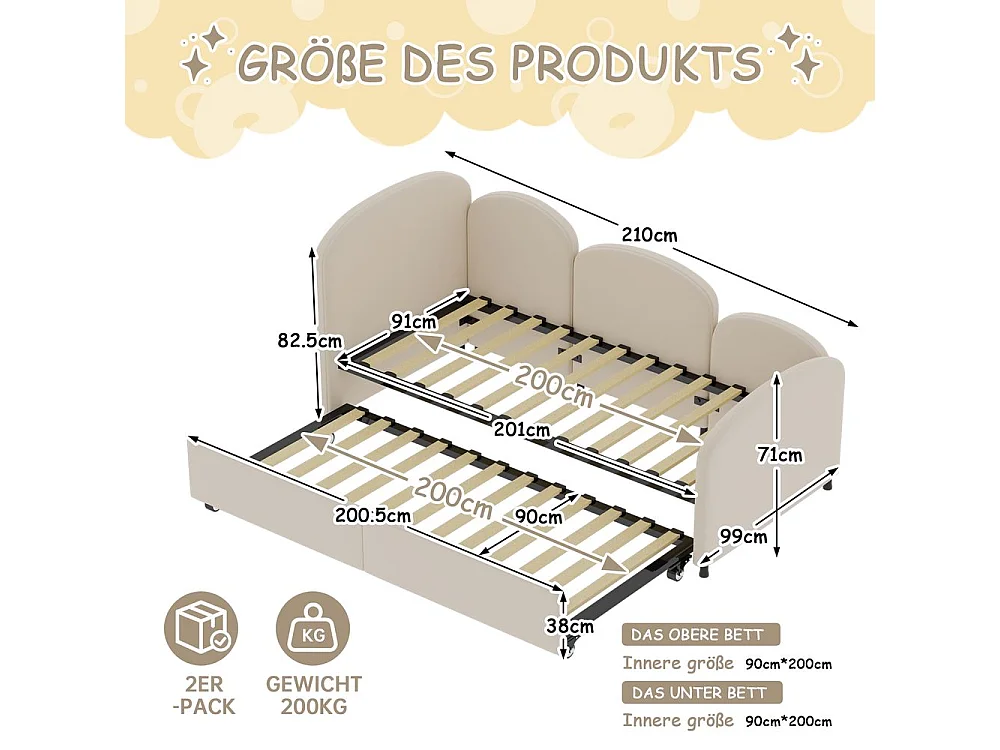 Lit gigogne 90x200 lit de jour double avec tiroirs de rangement lit rembourré en velours beige