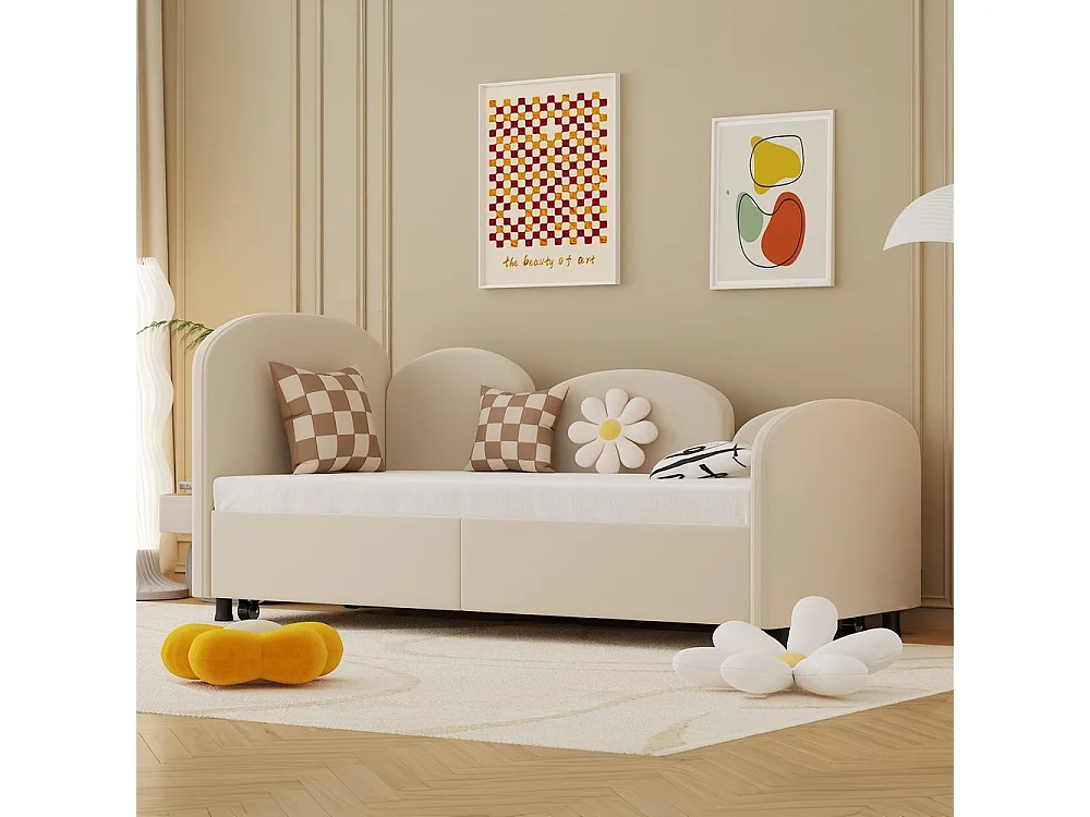 Lit gigogne 90x200 lit de jour double avec tiroirs de rangement lit rembourré en velours beige