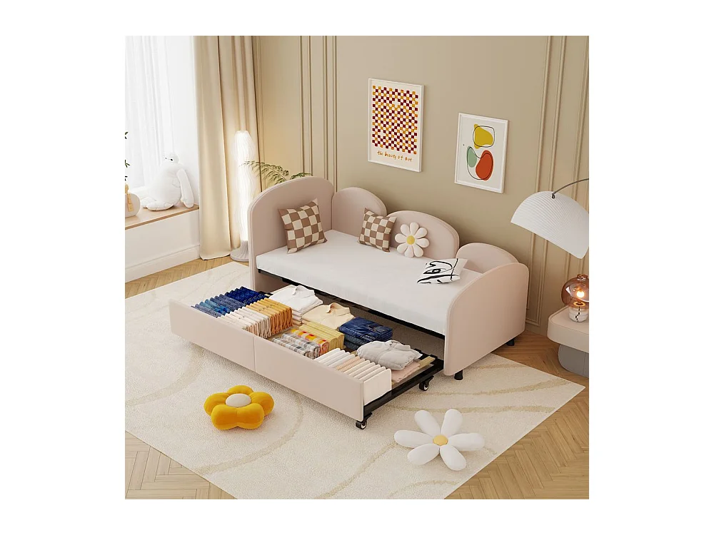 Lit gigogne 90x200 lit de jour double avec tiroirs de rangement lit rembourré en velours rose