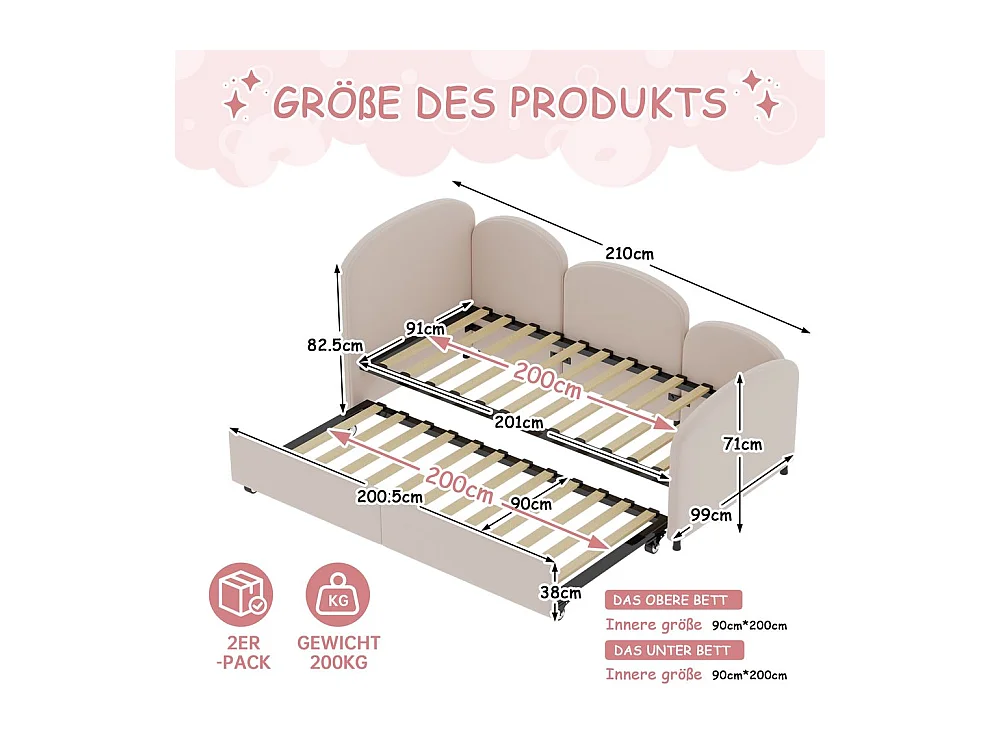 Lit gigogne 90x200 lit de jour double avec tiroirs de rangement lit rembourré en velours rose