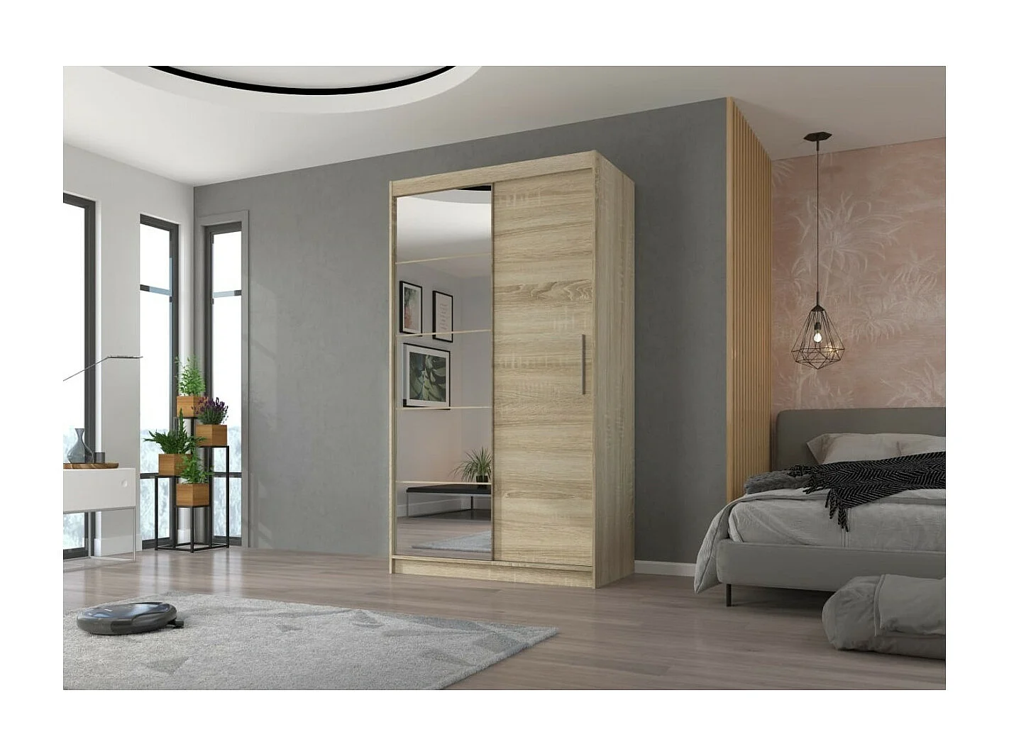 Armadio Etta (120cm)/ante scorrevoli/specchio/Sonoma