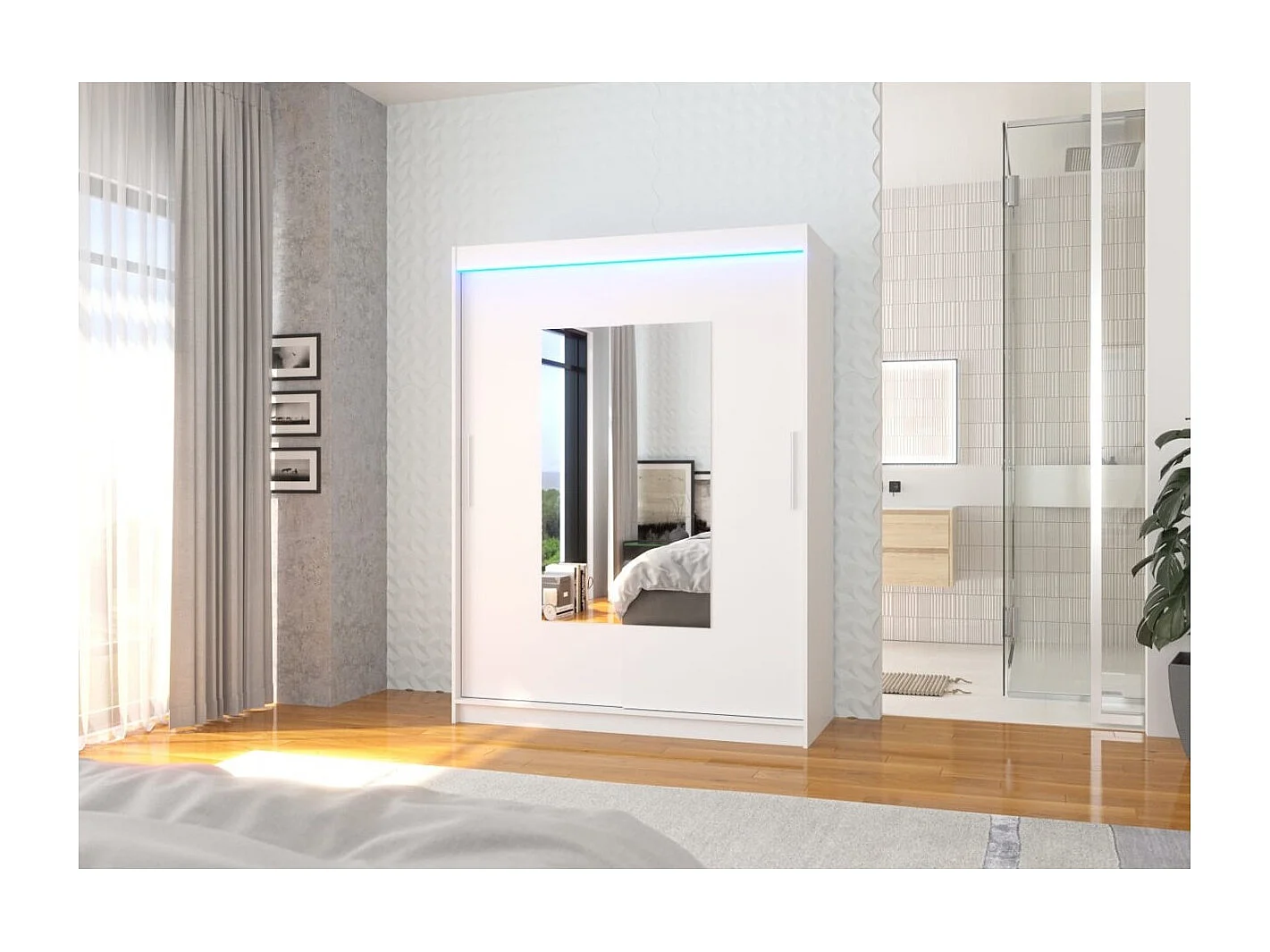 Armoire Rodrigo (150cm)/portes coulissantes/miroir/LED/Blanc