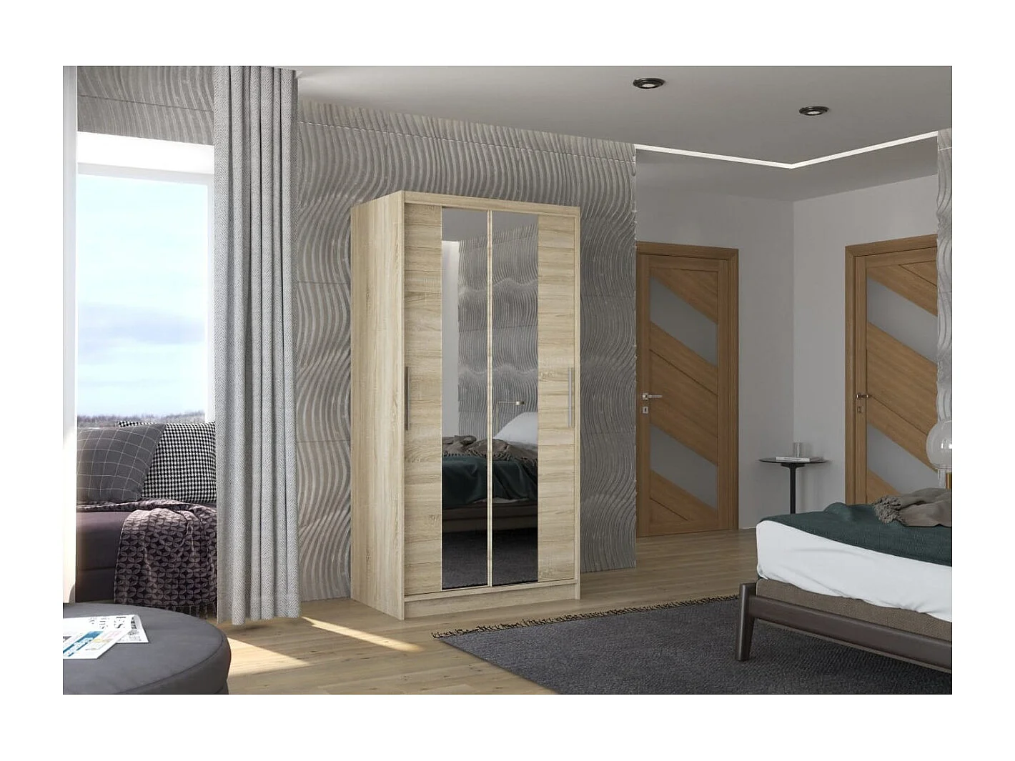 Kleiderschrank Dion (100cm)/Schiebetüren/Spiegel/Sonoma