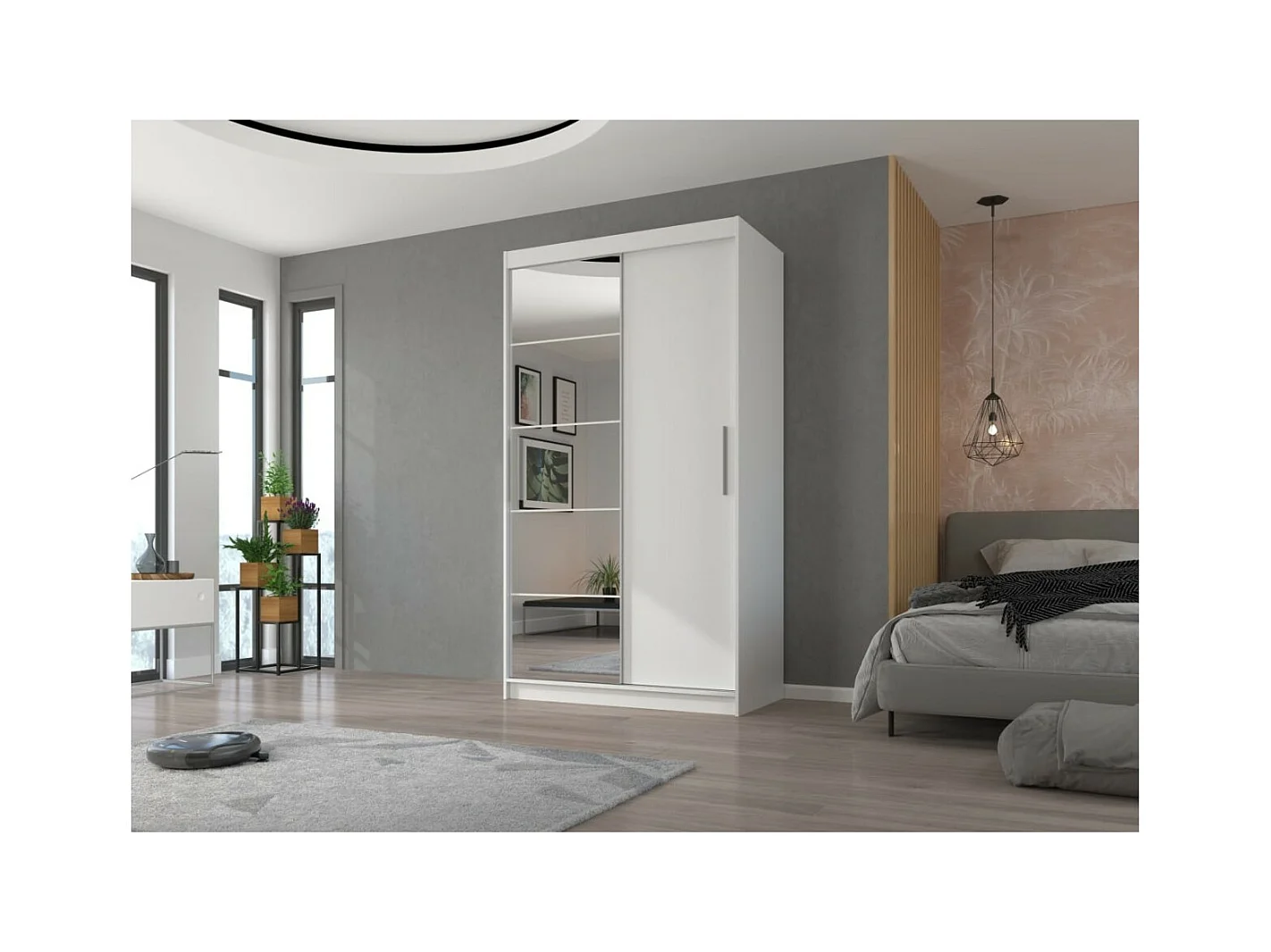 Armadio Etta (120cm)/ante scorrevoli/specchio/Bianco