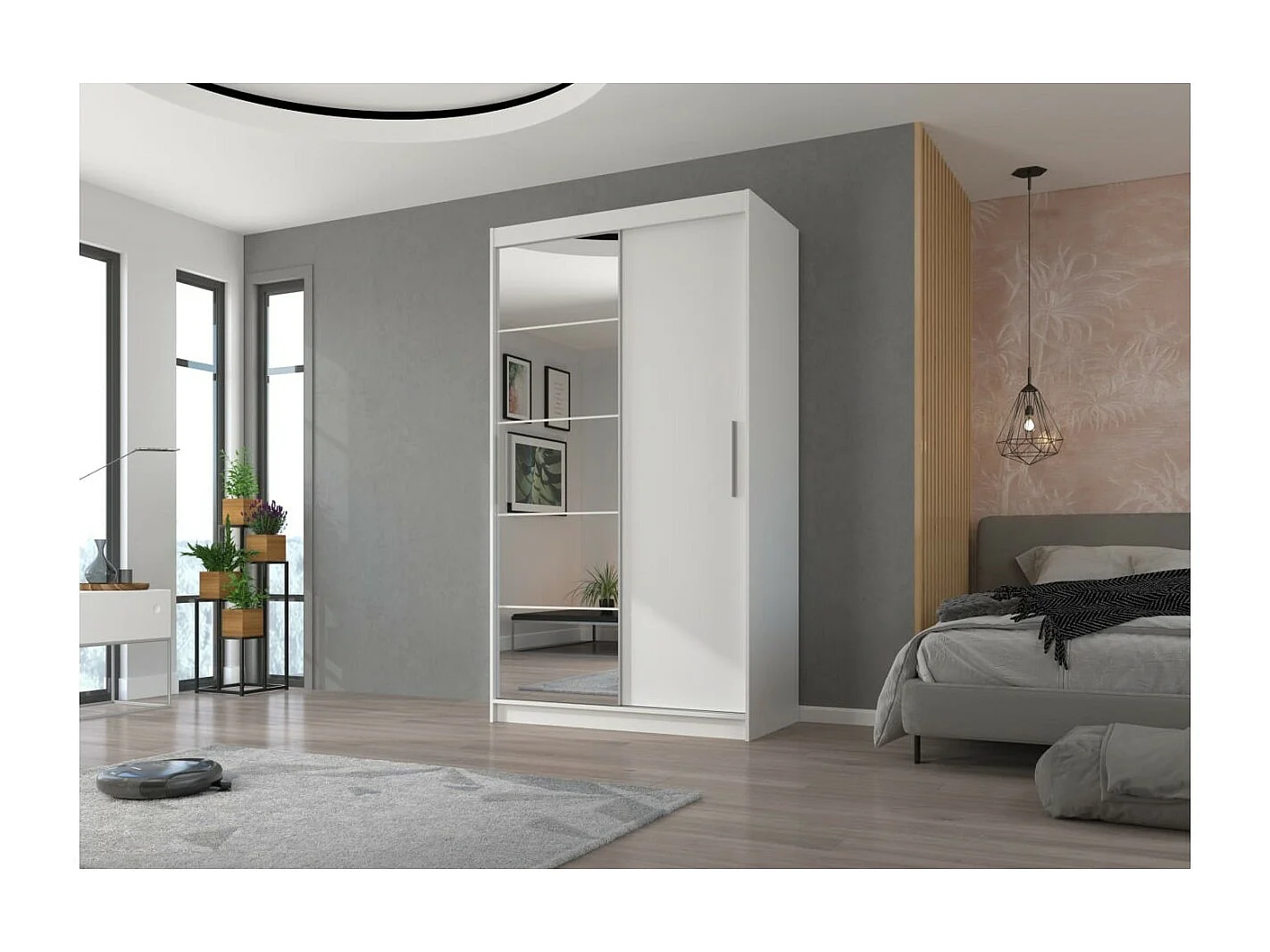 Armadio Etta (120cm)/ante scorrevoli/specchio/Bianco