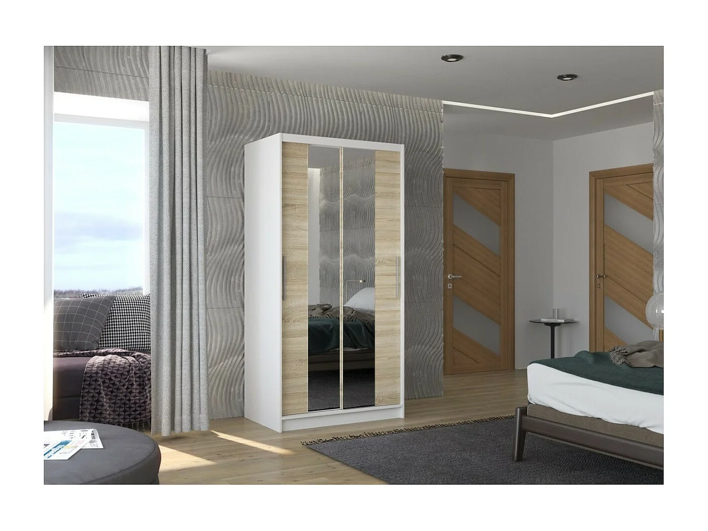 Armadio Dion (100cm)/ante scorrevoli/specchio/Bianco&Sonoma