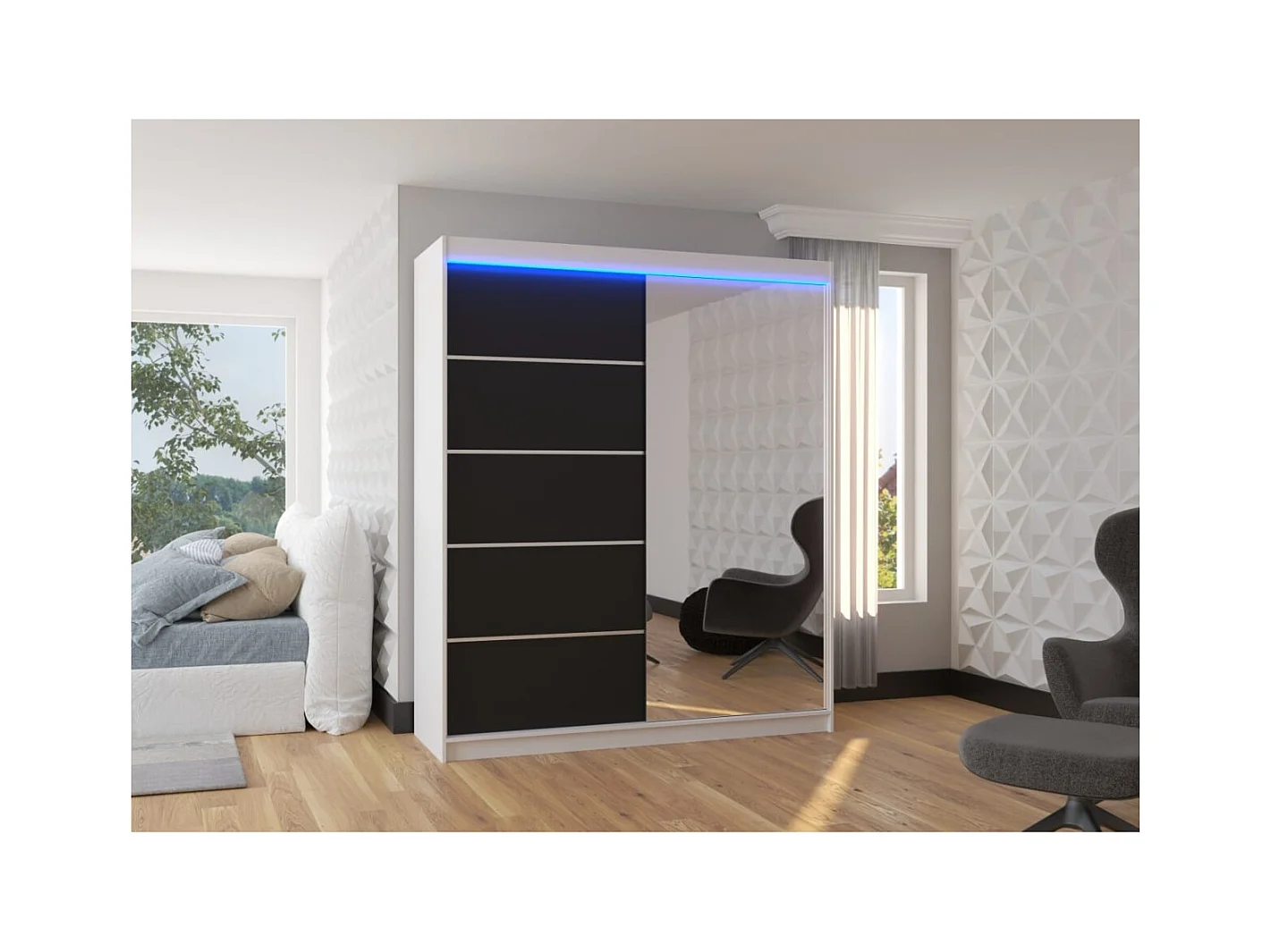 Armadio Taro Lux (180cm)/ante scorrevoli/specchio/LED/Bianco&Nero