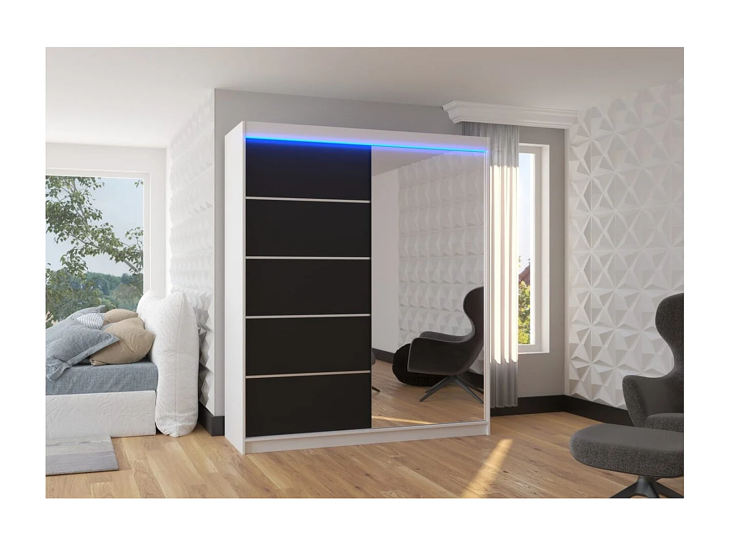 Kleiderschrank Taro Lux (180cm)/Schiebetüren/Spiegel/LED/Weiss&Schwarz