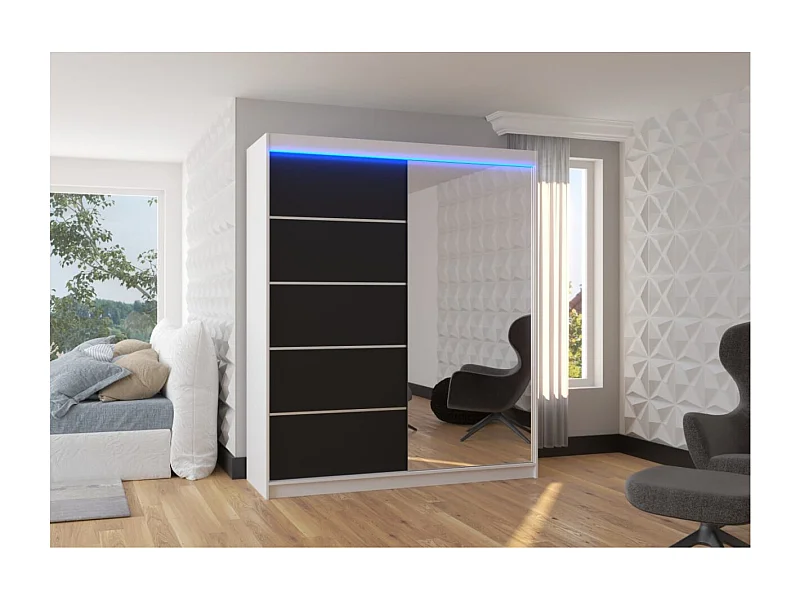 Armadio Taro Lux (180cm)/ante scorrevoli/specchio/LED/Bianco&Nero