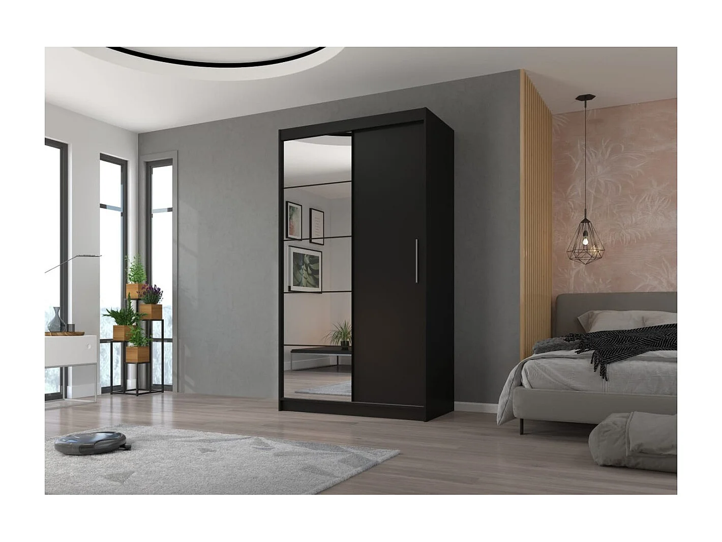 Armadio Etta (120cm)/ante scorrevoli/specchio/Nero