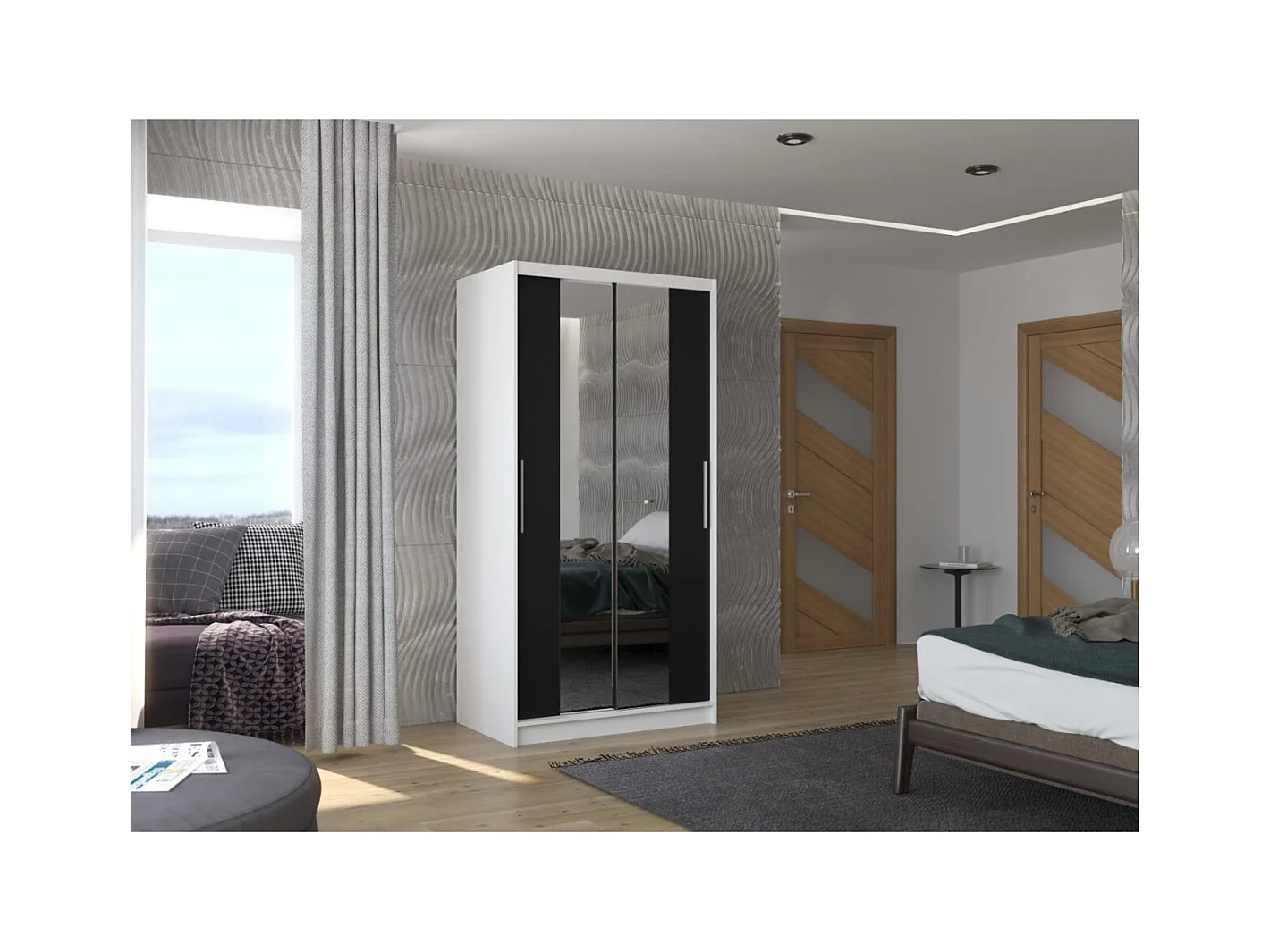 Armadio Dion (100cm)/ante scorrevoli/specchio/Bianco&Nero