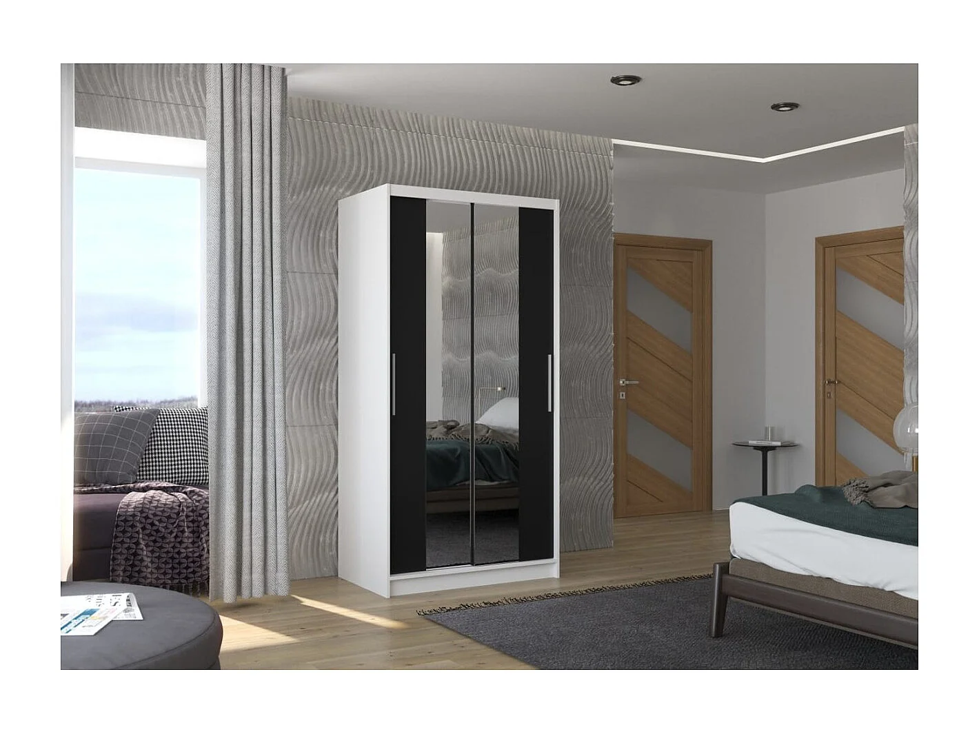 Armoire Dion (100cm)/portes coulissantes/miroir/Blanc&Noir