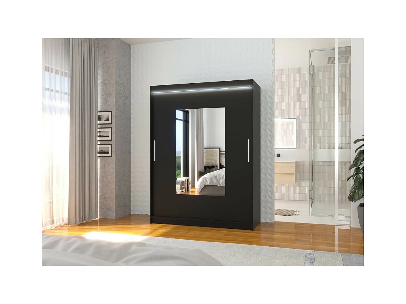 Kleiderschrank Rodrigo (150cm)/Schiebetüren/Spiegel/LED/Schwarz