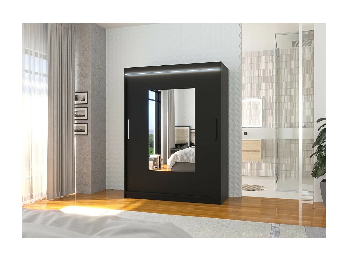 Armadio Rodrigo (150cm)/ante scorrevoli/specchio/LED/Nero