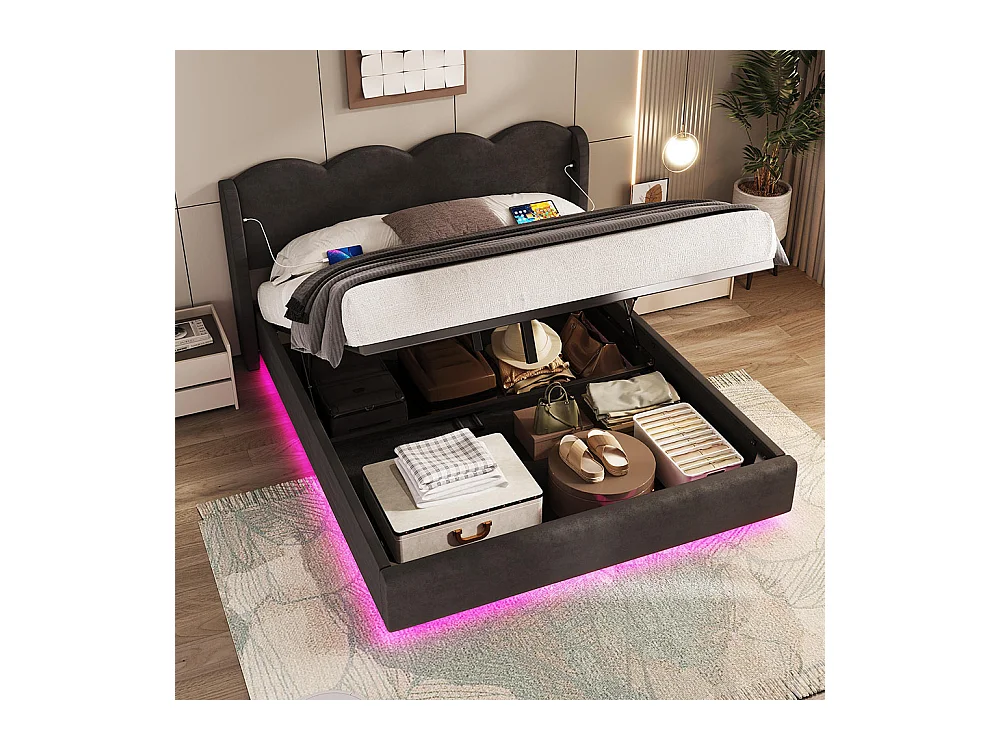 Lit coffre rembourré 160x200 lit multifonctionnel ondulé lit double hydraulique avec éclairage LED et fonction de recharge USB tissu velours noir