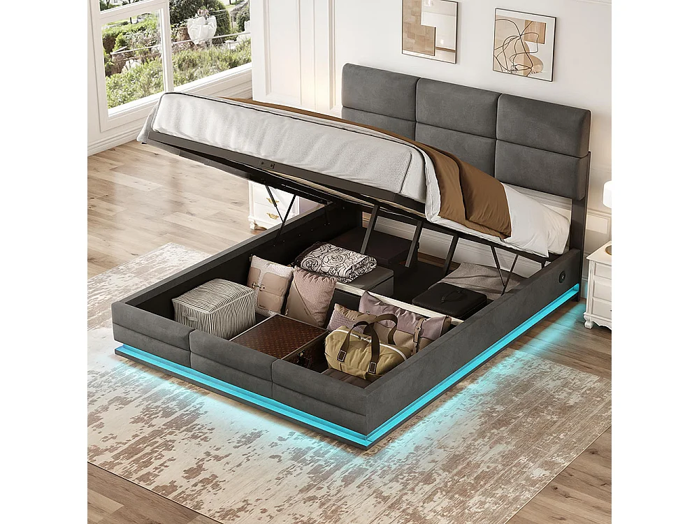 Lit coffre 160x200 lit rembourré en velours avec charge USB-C et éclairage LED lit en métal avec suspension hydraulique gris