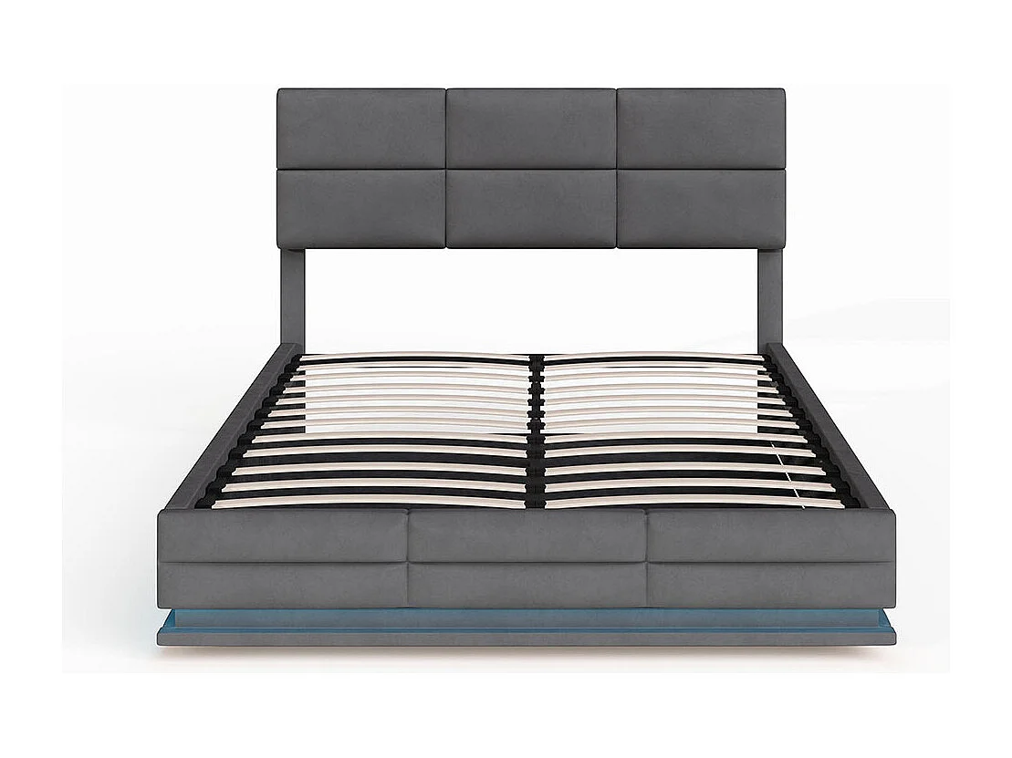 Lit coffre 160x200 lit rembourré en velours avec charge USB-C et éclairage LED lit en métal avec suspension hydraulique gris